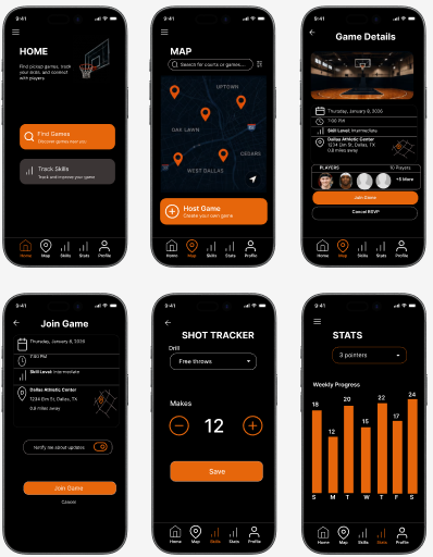 CourtLink final screens with dark theme and orange accents: Home, Map, Game Details, Join Game, Shot Tracker, and Stats